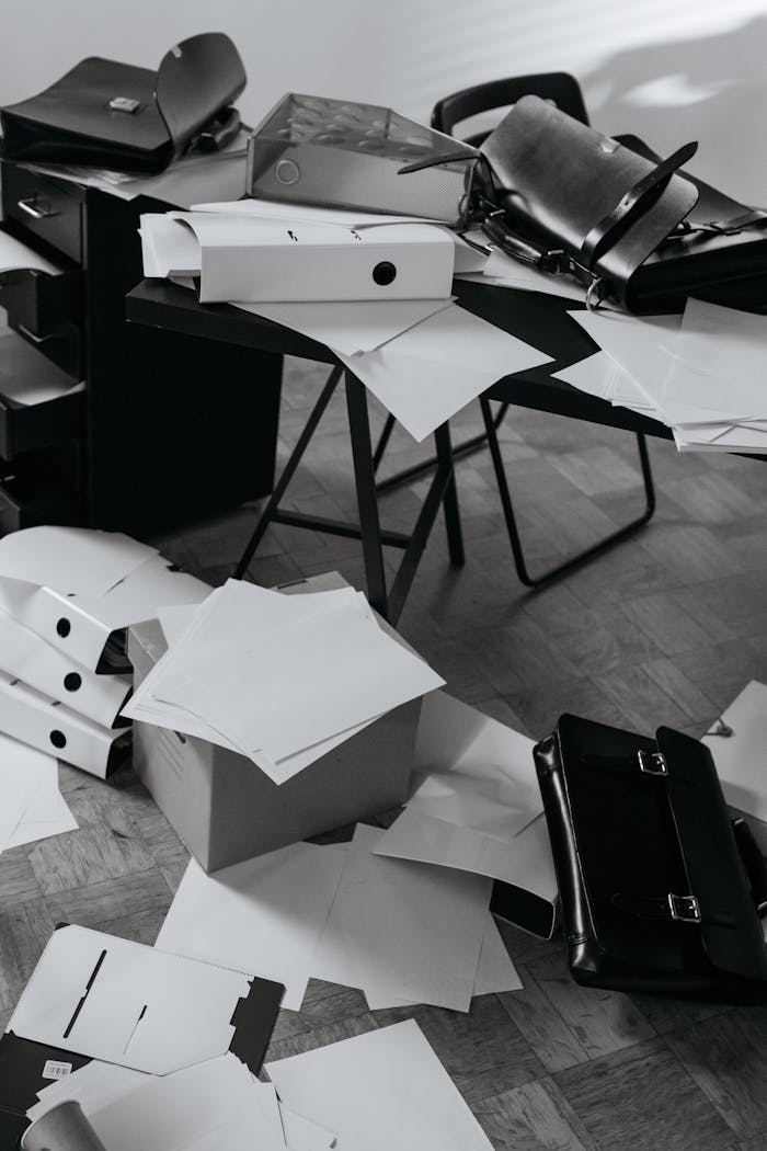 A chaotic office desk covered with scattered papers, folders, and a briefcase.